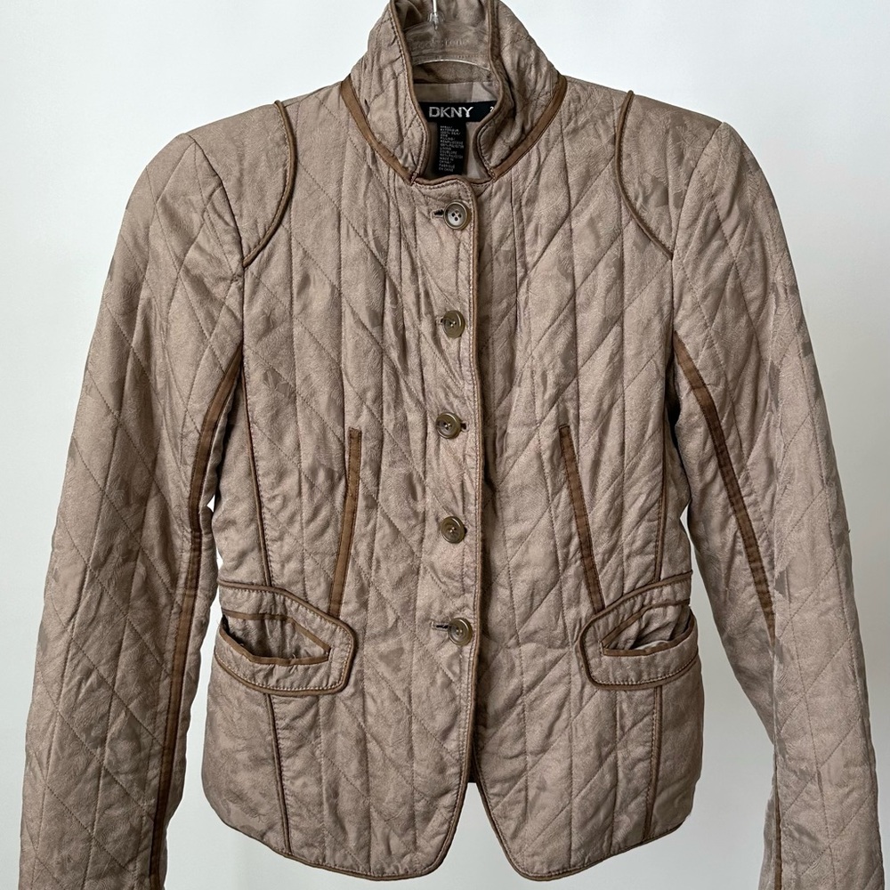 VINTAGE 90S DKNY Lightweight Diamond Quilted Silk Jacket Coat Brown Size-2, XS